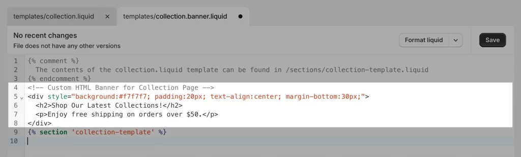 custom code added to shopify template file