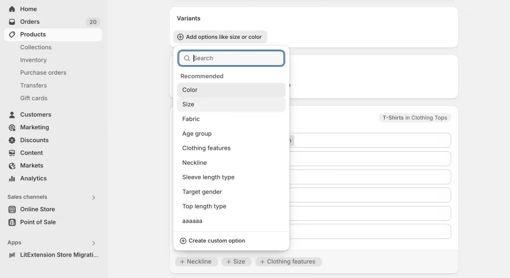 6 add variants for new options like size or color