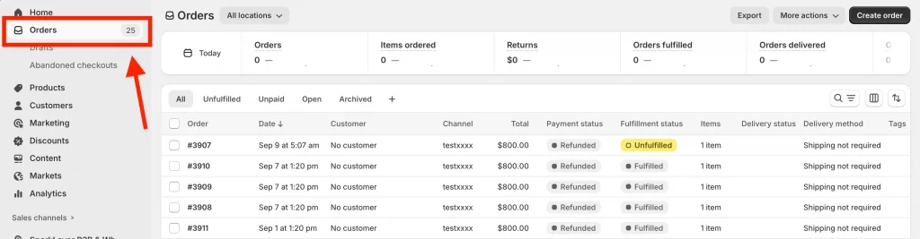 1 orders in shopify admin