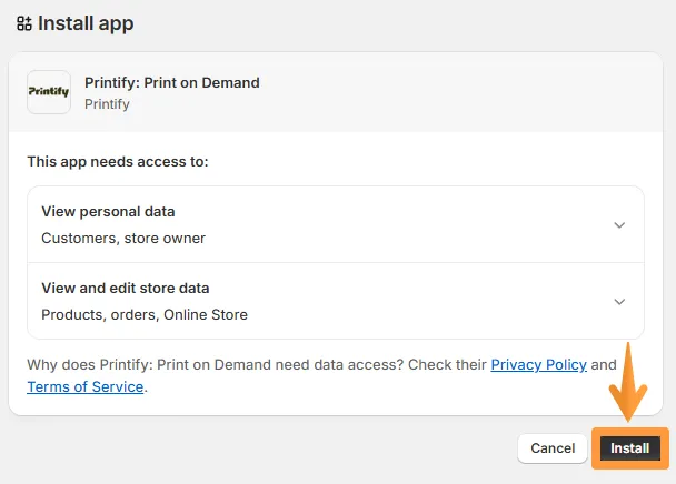 Confirm the installation between Printify and Shopify