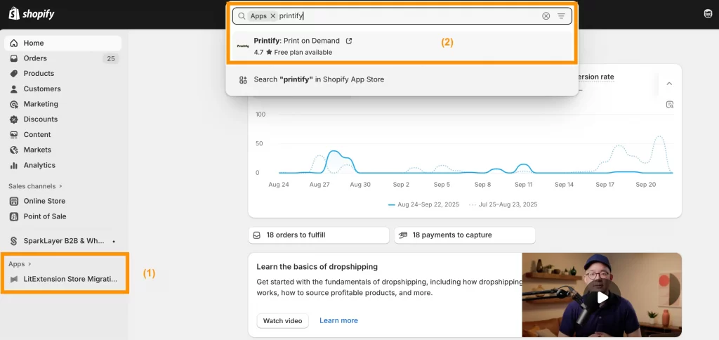Search Printify app via Shopify admin dashboard