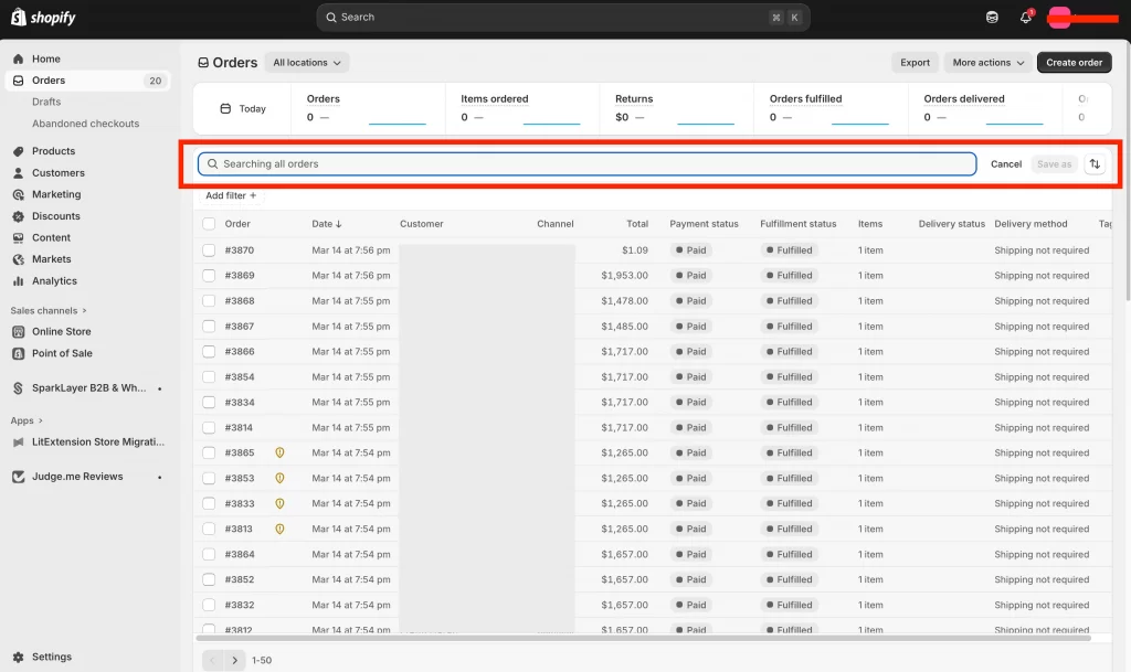 shopify order section