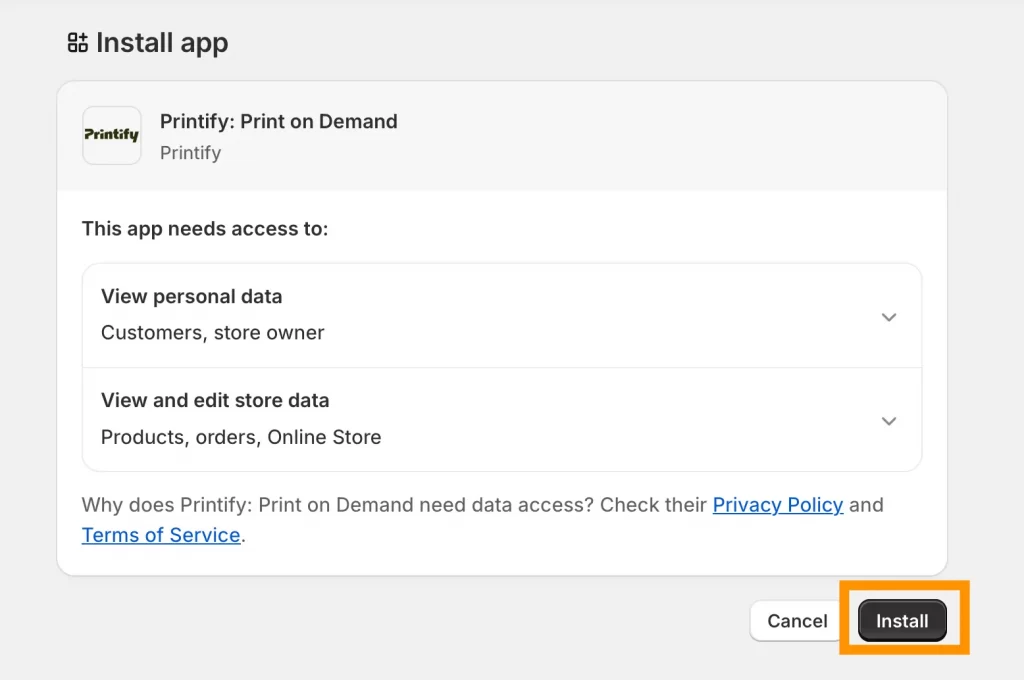 Confirm the installation of Printify app