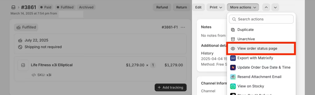  to shopify order status page