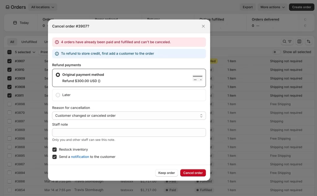 7 cancellation options in shopify order