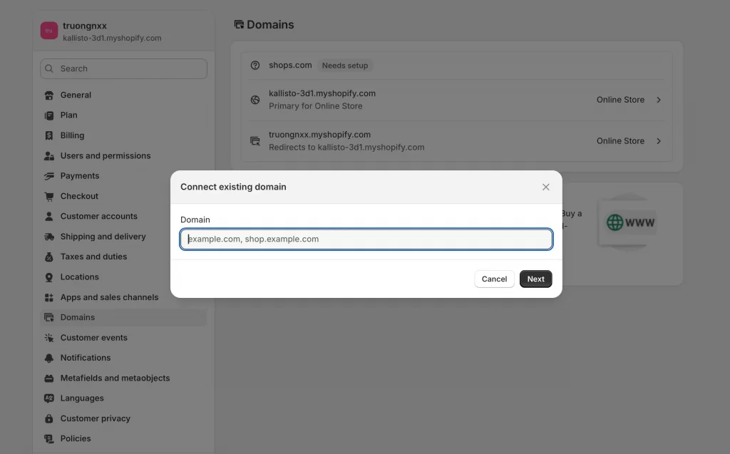 Enter your current domain to connect to Shopify