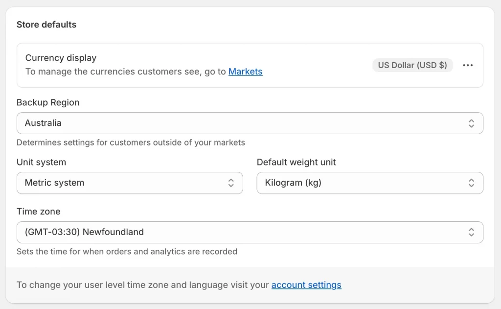 Shopify store default setting