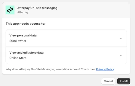 Afterpay On-Site Messaging Shopify app