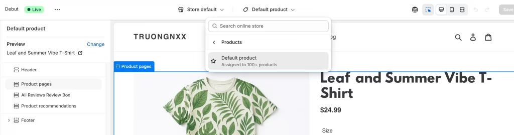 Open the product default template on Shopify