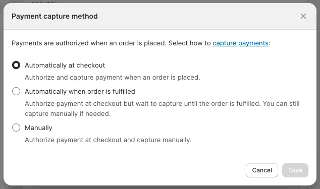 Shopify Payment settings