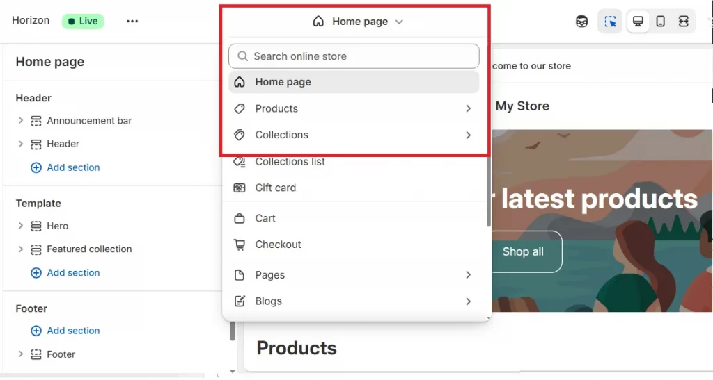 Step 2. Use the dropdown menu to switch to your Product Page.