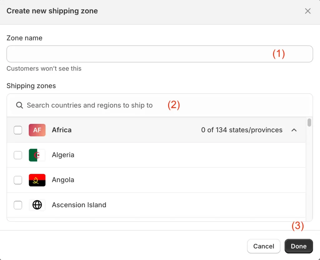 Shipping zone settings