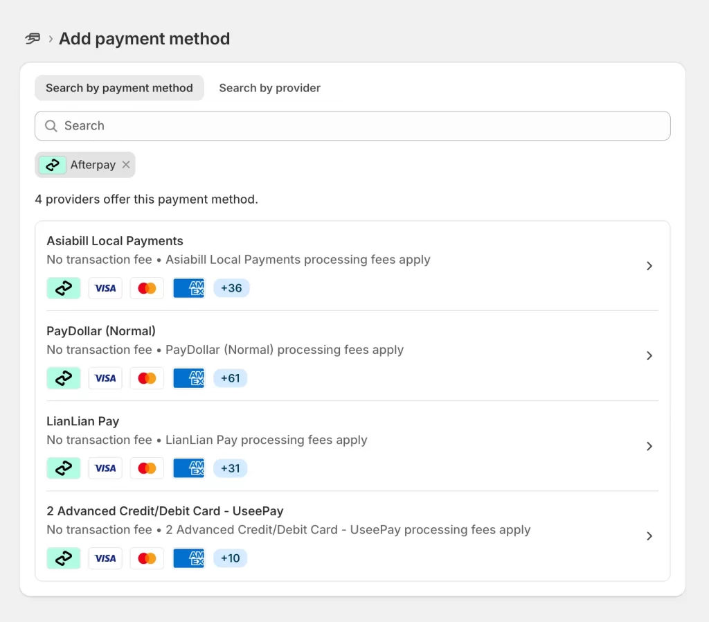 Search Afterpay by payment method
