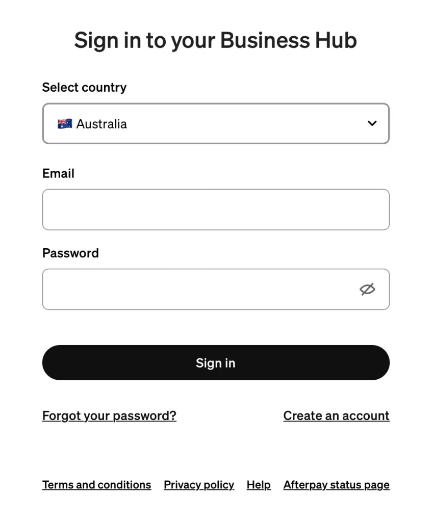 Sign in to Afterpay business hub