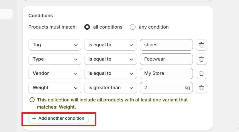 set conditions for the collection
