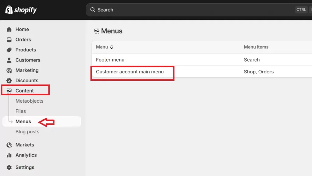 go to customer account main menu