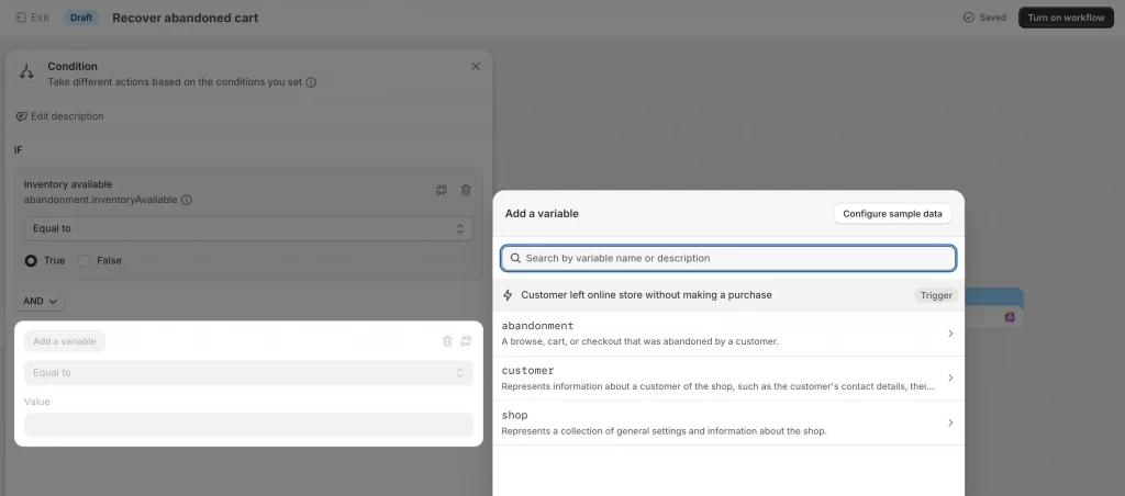 Step 3: Edit the Recover abandoned cart workflow
