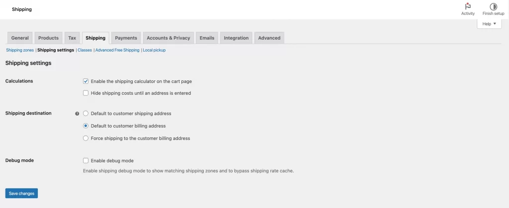shipping settings in woocommerce