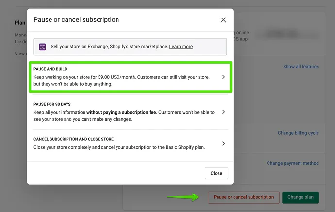 shopify pause and build plan