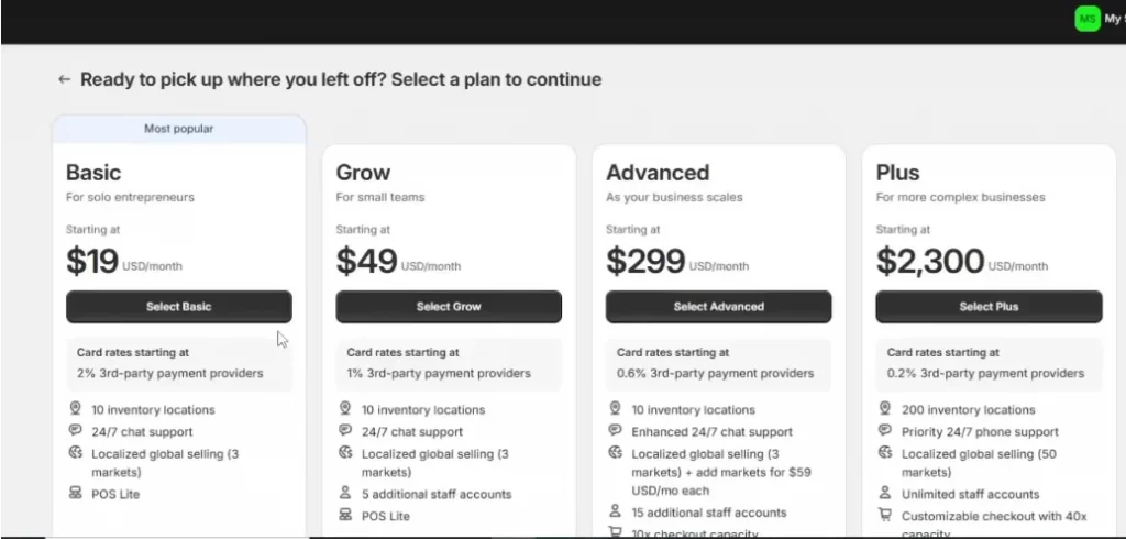 select shopify plan
