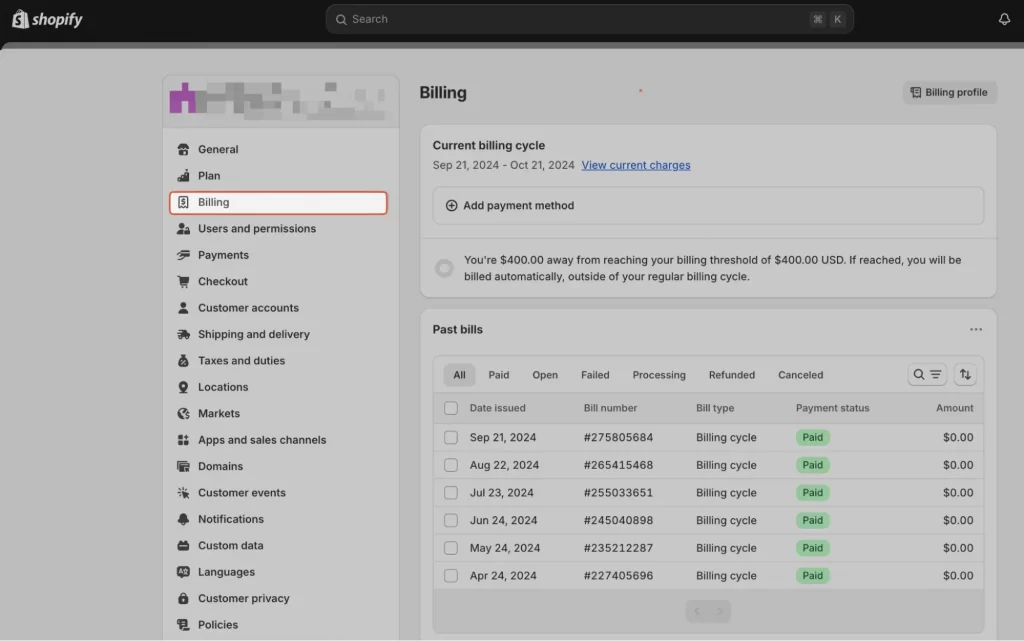 shopify invoice billing
