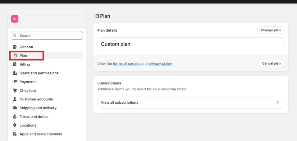 go to shopify settings plan