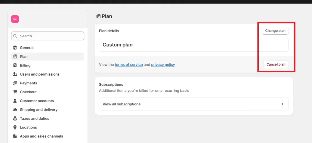 cancel plan or change plan shopify