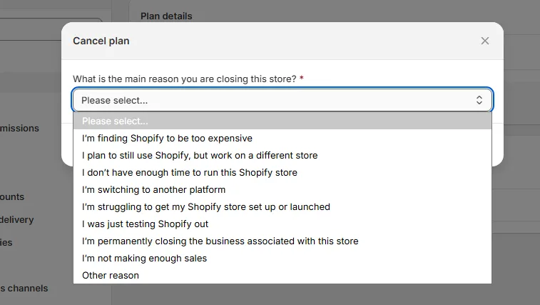select reason for cancellation