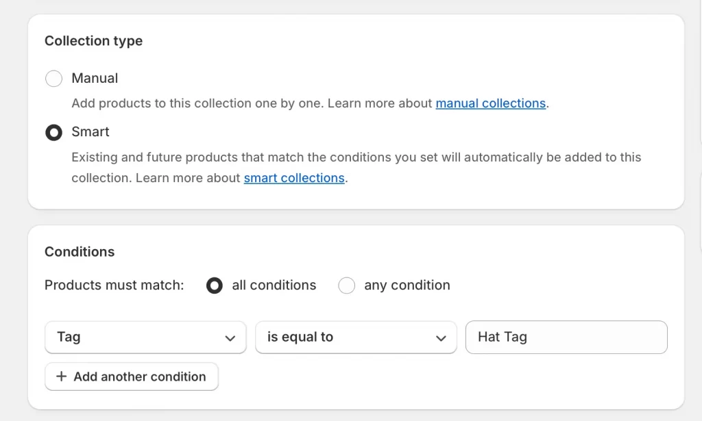8 set condition for smart collection to match product tag