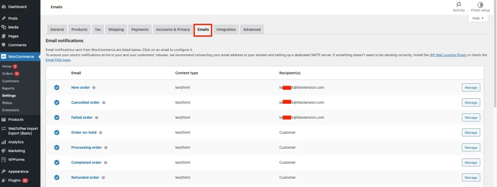 go to email settings how to customize woocommerce emails