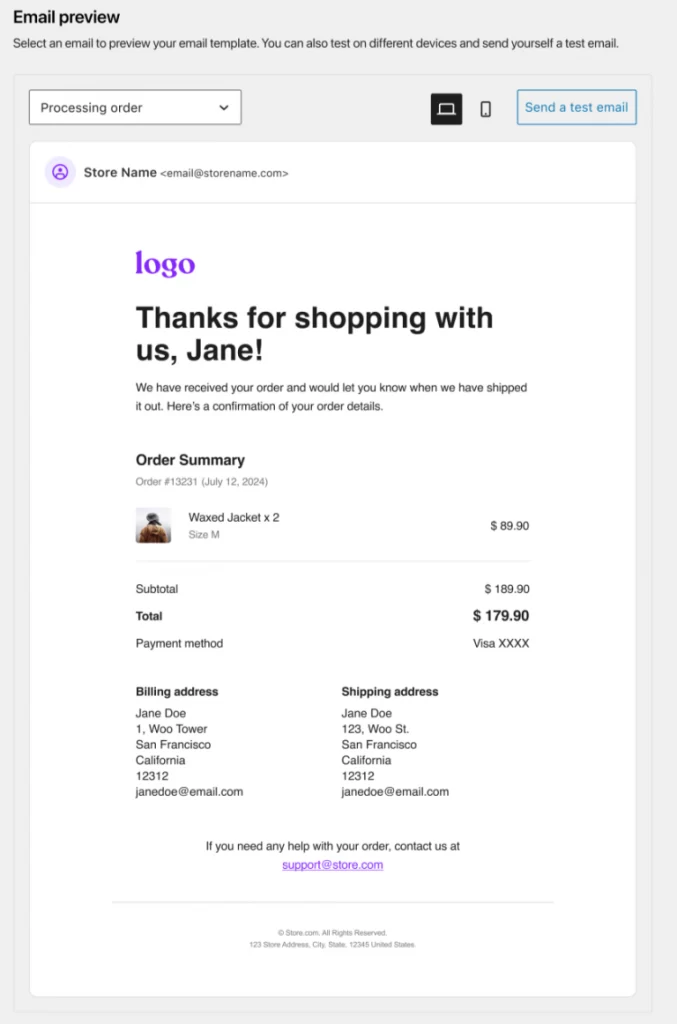 woocommerce email preview