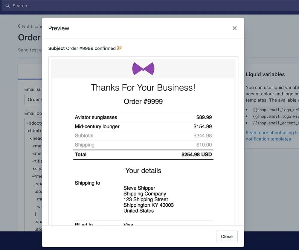 test order shopify email