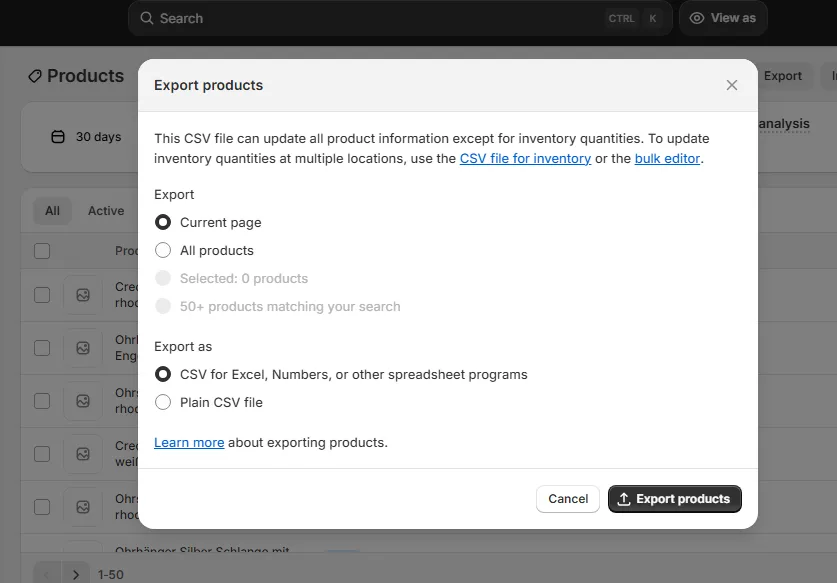 shopify export products