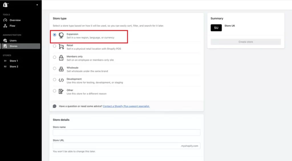 shopify plus expansion stores