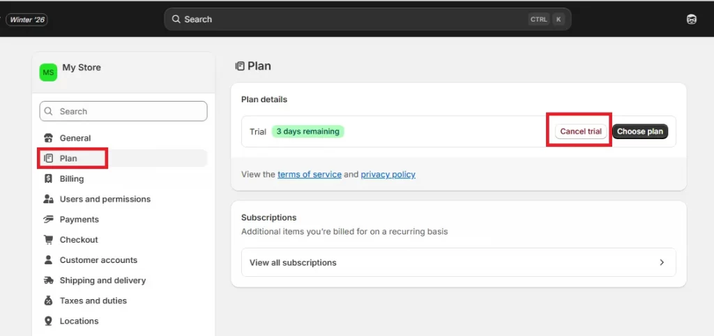 shopify cancel trial