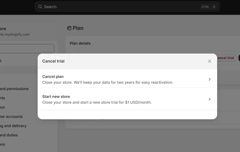 shopify cancel plan start store