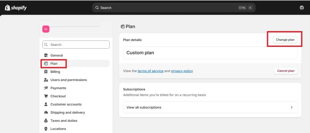 shopify change plan