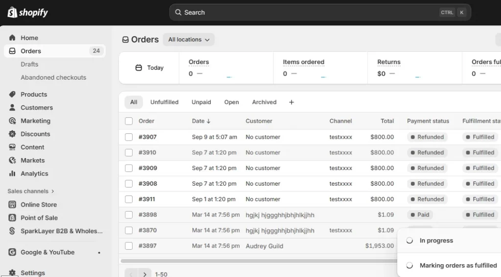test order orders page