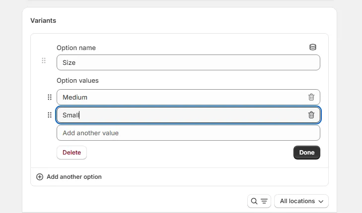 shopify option names values
