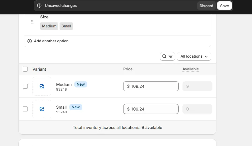 shopify variant list