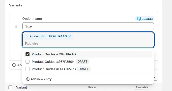 shopify variant value existing