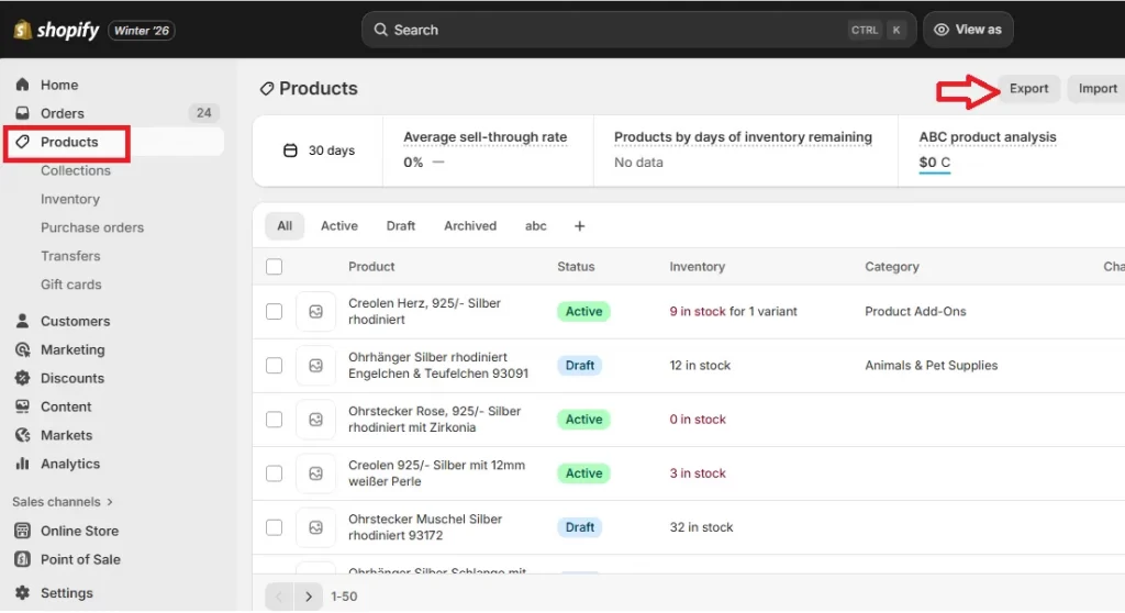 shopify product export