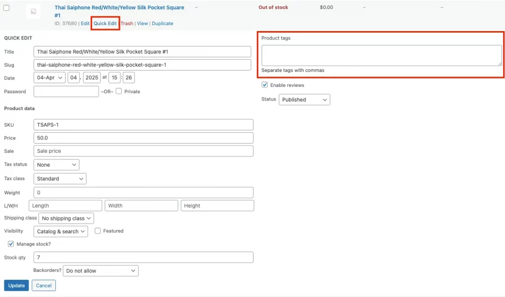 quick edit product tags