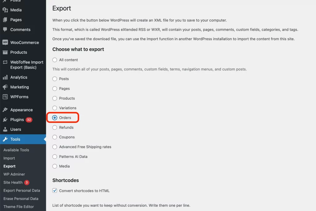 woocommerce export orders to xml