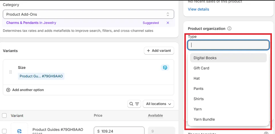 shopify assign product type