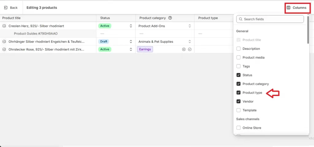 shopify product type columns