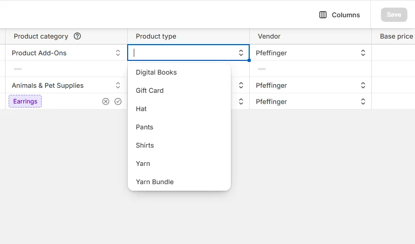 shopify product type rows
