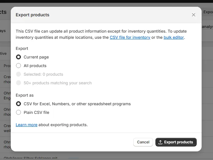 shopify export products