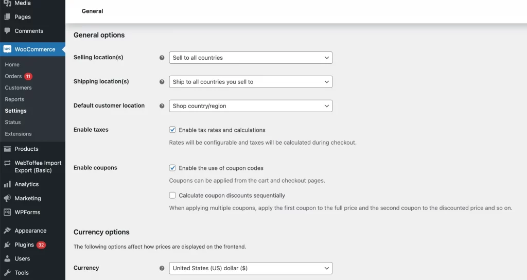 review default woocommerce settings