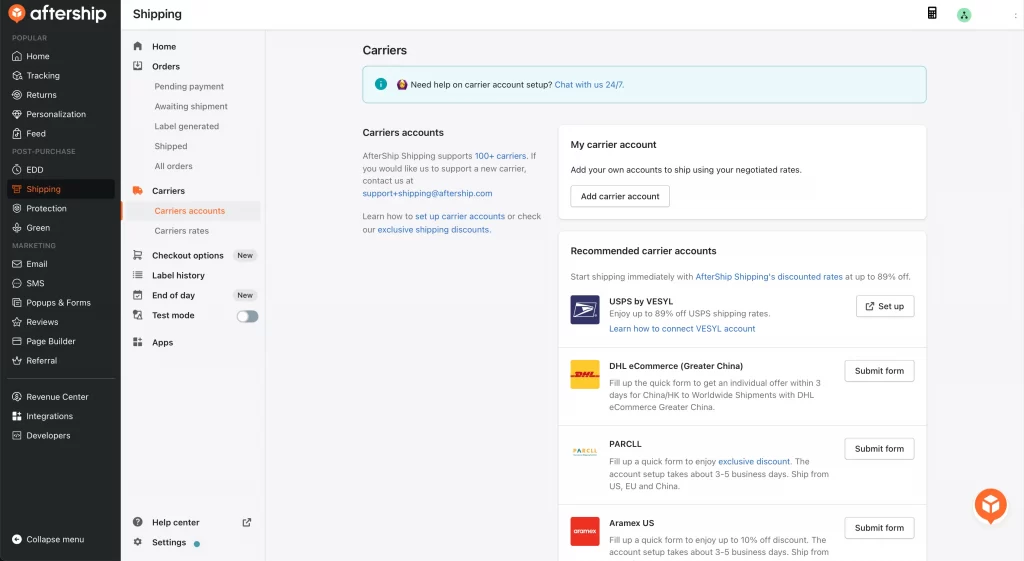 setting carriers shopify aftership app